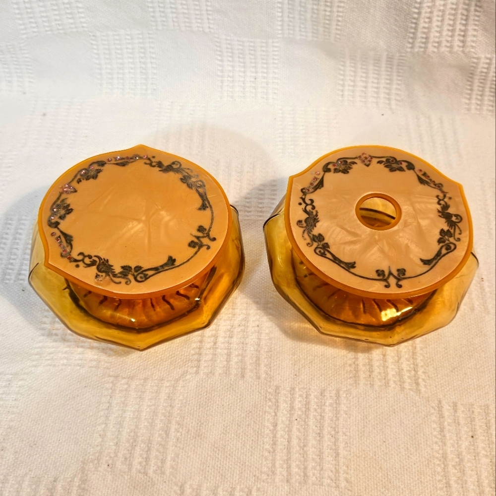 Vintage 1930's Lot of 2 Art Deco Celluloid Lidded Amber Glass Hair Receiver
